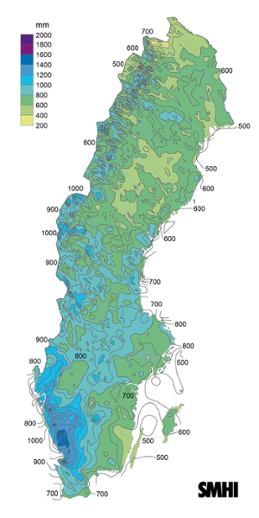 Sverigekarta över nederbördsumma i mm under året 2023.