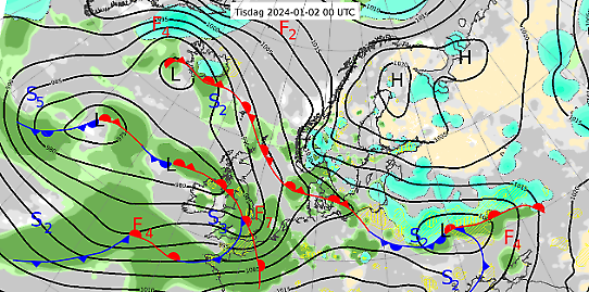 Bilden visar en karta över Nordeuropa med en analys av väderläget den 2 januari 2024.