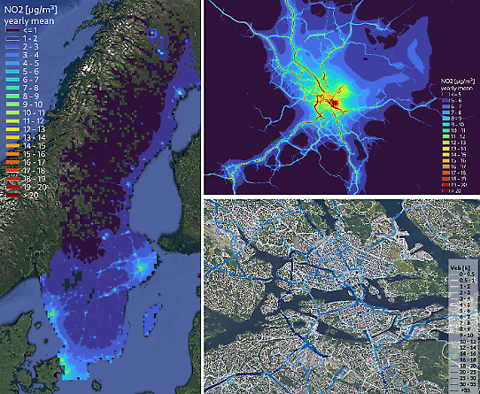 Tre kartor som visar resultat från CLAIR över Sverige och Stockholm, där högre halter av kvävedioxid syns i större städer och längs större vägar, samt illustration över trafikflöde i Stockholm.  