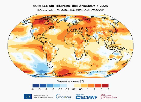 Global temperaturavvikelse 2023 jämfört 1991-2020