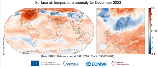 Bilden visar en världskarta med temperaturens avvikelse från det normala under december 2023.
