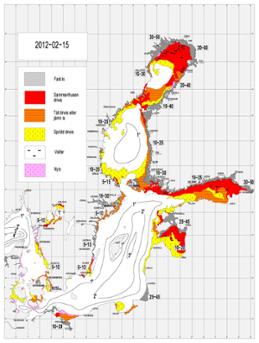 Karta över ytvattentemperatur i havet 15 februari 2012