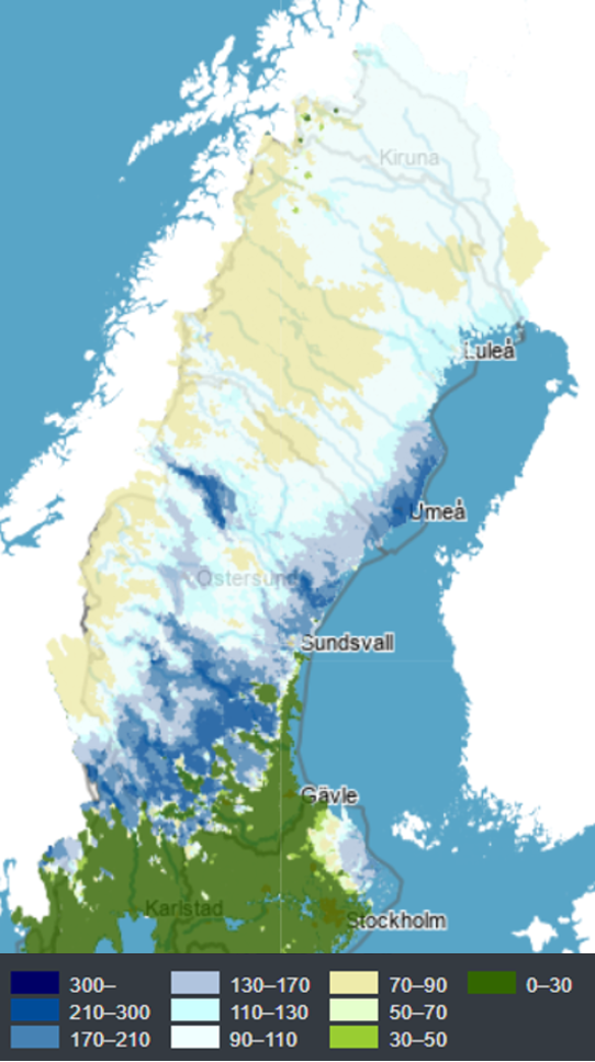 Karta snöns vatteninnehåll 20230410