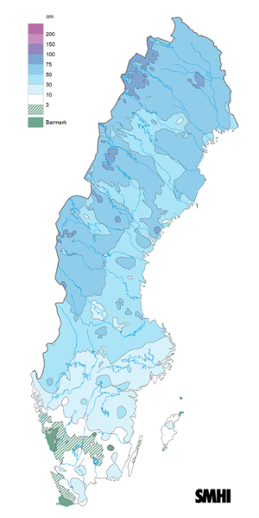 Sverigekarta som visar snödjupet den 15 januari 2024.
