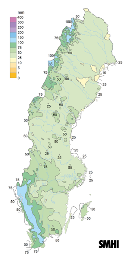 Sverigekarta som visar nederbördssumma under januari 2024.