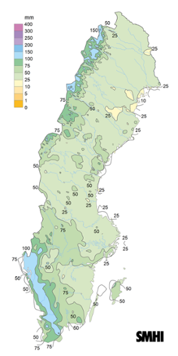 Sverigekarta som visar nederbördssumma under januari 2024.