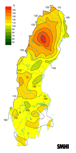 Sverigekarta som visar byvindens avvikelse från det normala (1996-2015) under januari 2024.