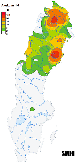 Bilden visar en karta över Sverige med återkomsttid för byvindhastigheten under Ingunn den 1 februari 2024.