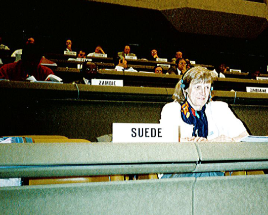 Gunlög med headset som svensk delegat i en stor konferenssal.