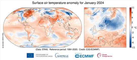 Bilden visar en världskarta med temperaturens avvikelse från det normala i januari 2024.
