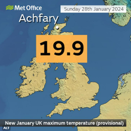 Bilden visar en tweet från den brittiska vädertjänsten om det nya värmerekordet för januari..