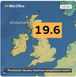 Bilden visar en tweet från den brittiska vädertjänsten om nytt värmerekord för januari..