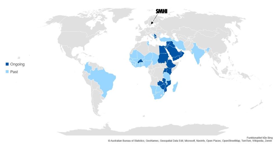 En världskarta som visar vart SMHI har och har haft projekt inom området internationellt utvecklingssamarbete.