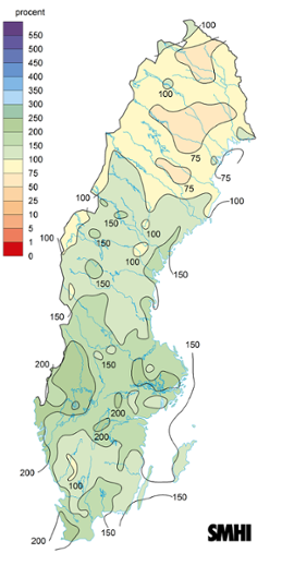 Sverigekarta som visar nederbördens avvikelse från det normala under februari 2024