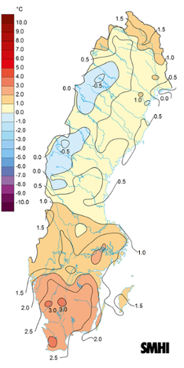Sverigekarta som visar medeltemperaturens avvikelse från det normala under februari 2024