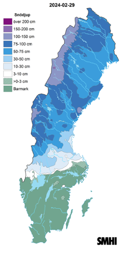 Sverigekarta som visar snödjupet den 29 februari 2024.