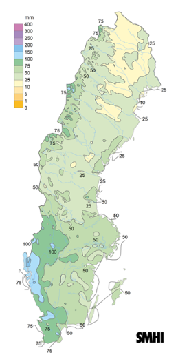 Sverigekarta som visar nederbördssumma under februari 2024
