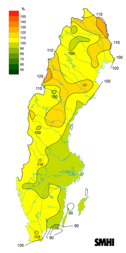 Sverigekarta som visar byvindens avvikelse från det normala (1996-2015) under februari 2024.