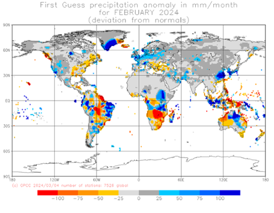 Bilden visar en världskarta med nederbördens avvikelse från det normala i februari 2024. 