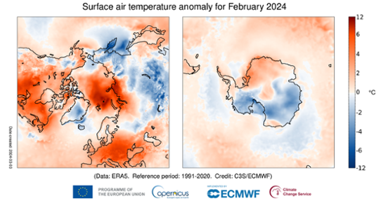 Bilden visar kartor över Arktis och Antarktis med temperaturavvikelsen under februari 2024.