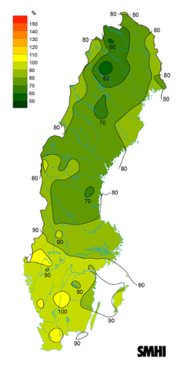 Sverigekarta som visar byvindens avvikelse från det normala (1996-2015) under mars 2024.