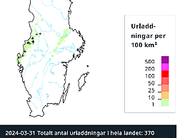 Totalt 370 blixturladdningar registrerades i främst norra Bohuslän, västra Värmland och ett stråk från Askersund upp till Gävle på påskdagen den 31 mars 2024.