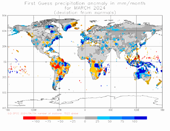 Preliminär global nederbördsanomali i mars 2024.
