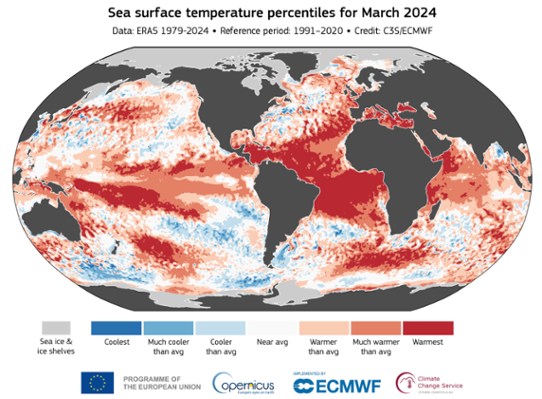 Stora områden över bland annat den tropiska delen av Atlanten hade rekordvarmt havsvatten under mars 2024.