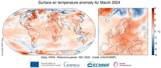Global temperaturanomali (vänster bild) i mars 2024 samt för Europa (höger bild).