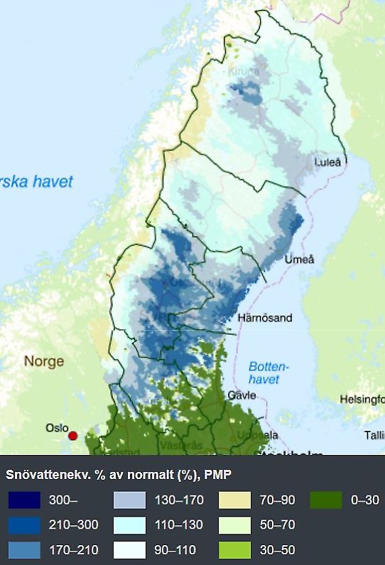 Karta som visar att det ligger mer snö än normalt för dagen i stora delarna av norra Sverige.