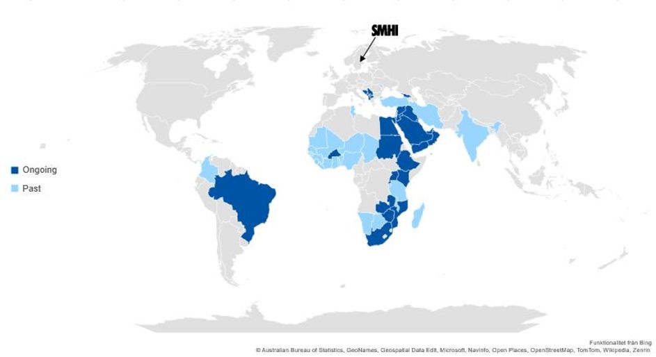 En världskarta som visar vart SMHI har och har haft projekt inom området internationellt utvecklingssamarbete.
