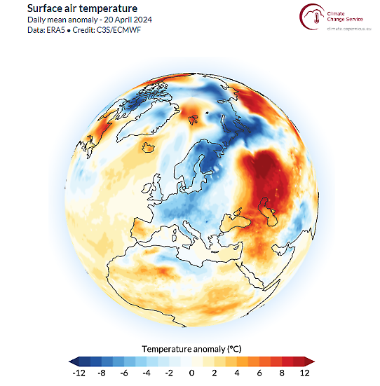 Bilden visar en karta med avvikelse från normal dygnsmedeltemperatur i Europa den 20 april 2024..