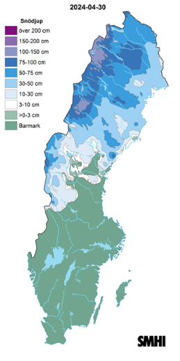 Sverigekarta som visar snödjupet den 30 april 2024.