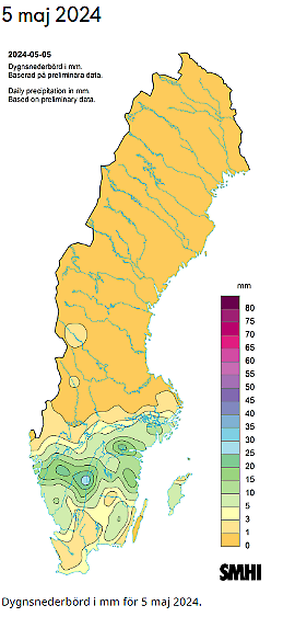 Bilden visar en Sverigekarta med dygnsnederbörd för den 5 maj 2024.