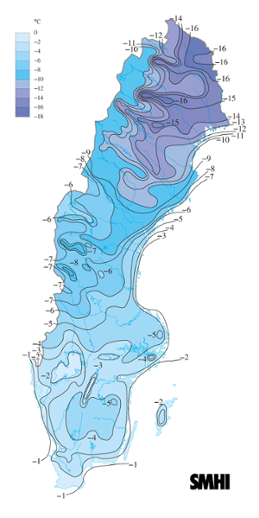Karta över medeltemperaturen i februari 2012. 