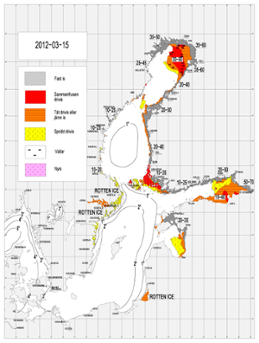Karta över ytvattentemperatur i havet 15 mars 2012
