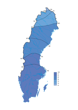 Korrelationskoefficienten (%) för vintertemperaturen 1961-2000 med Borås som referenspunkt. 