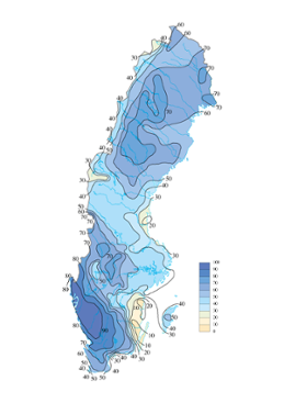 Korrelationskoefficienten (%) för vinternederbörden 1961-2000 med Borås som referenspunkt 
