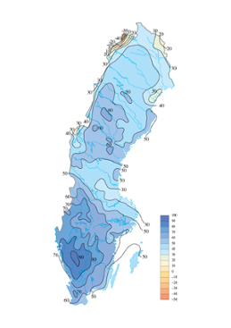 Korrelationskoefficienten (%) för sommarens nederbörd 1961-2000 med Borås som referenspunkt. 