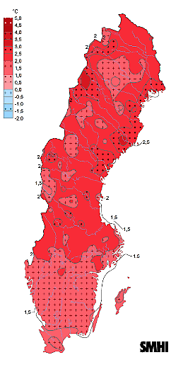 Förändring i temperatur under vintern 1991–2020 jämfört med 1961–1990.