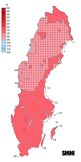 Förändring i temperatur under våren. 1991-2018 jämfört med 1961-1990. 