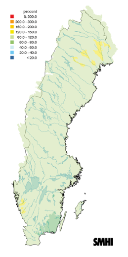 Karta över beräknade markvattenhalt i procent av den normala, 15 maj 2012