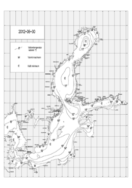 Karta över ytvattentemperatur i havet 30 juni 2012