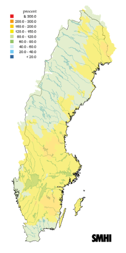 Karta över beräknade markvattenhalt i procent av den normala, 15 juli 2012