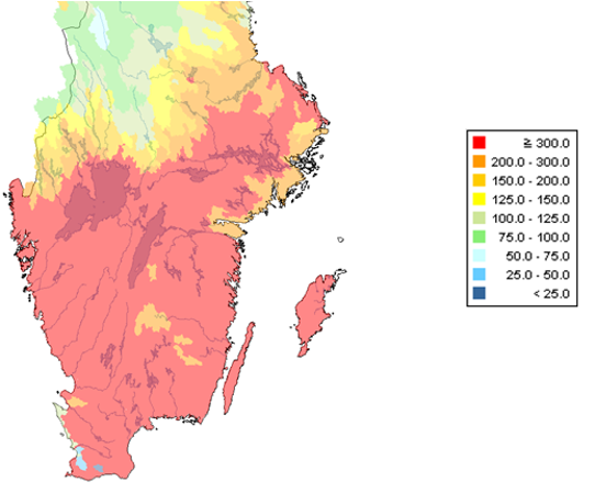 ca 300% av normalt vatteninnehåll i snö för södra Sverige mitten av mars 2010