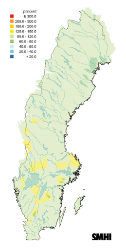 Karta över beräknade markvattenhalt i procent av den normala, 15 augusti 2012