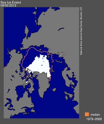 Havsisens utbredning i Arktis 3 september 2012.