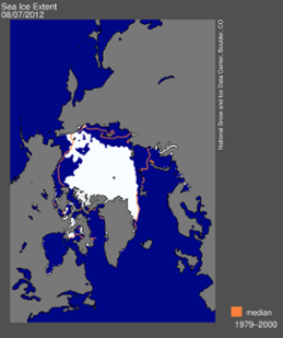 Isutbredning i Polarhavet 7 augusti 2012.