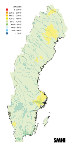 Karta över beräknade markvattenhalt i procent av den normala, 15 september 2012