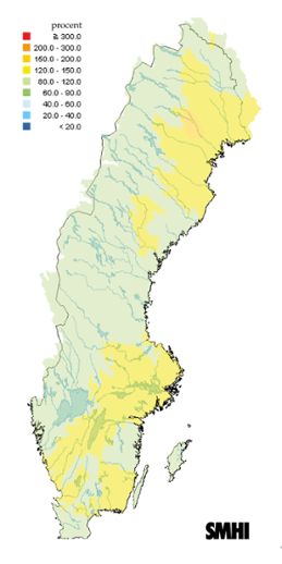 Karta över beräknade markvattenhalt i procent av den normala, 15 oktober 2012